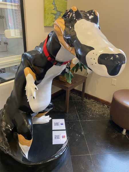 Sculpture of a black and white crocodile wearing a red collar.