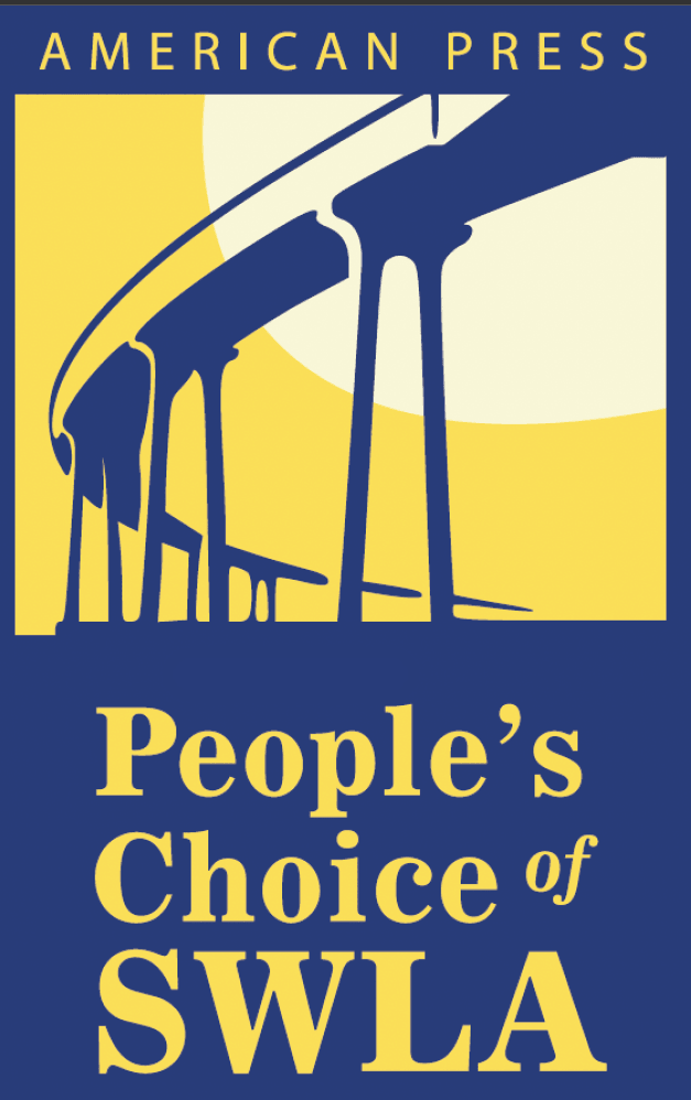 Logo with oil derricks over a circular sun, text "American Press People’s Choice of SWLA."