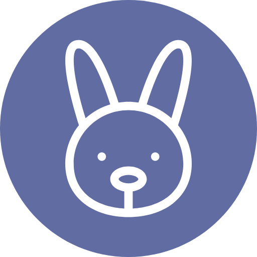 Simple white line drawing of a rabbit face on a blue circle background.