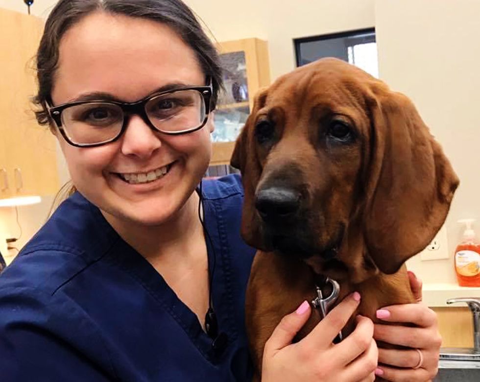 Female veterinarian smiling while holding a large brown dog.