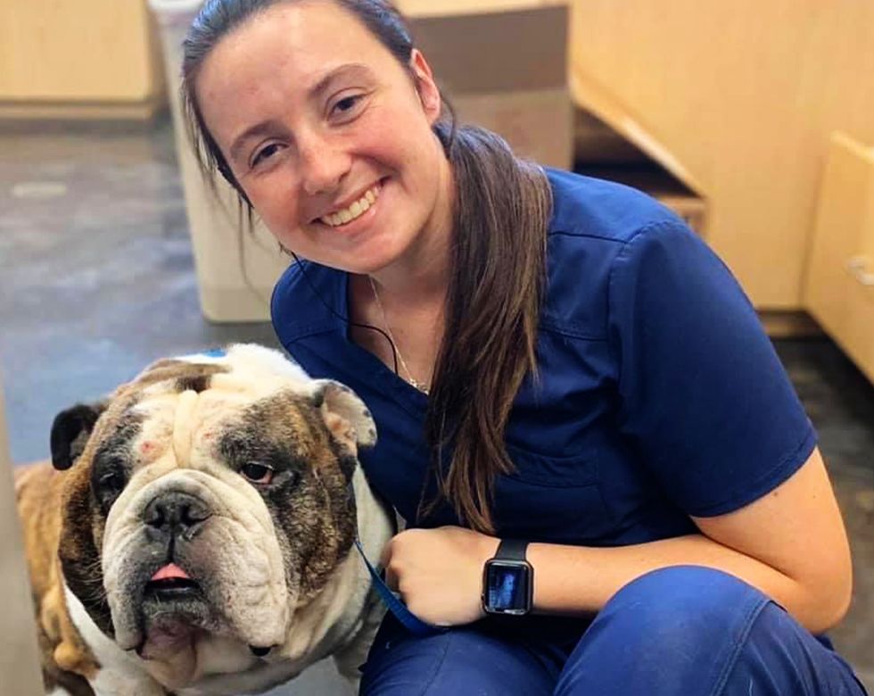 Woman in blue scrubs smiling next to a bulldog.