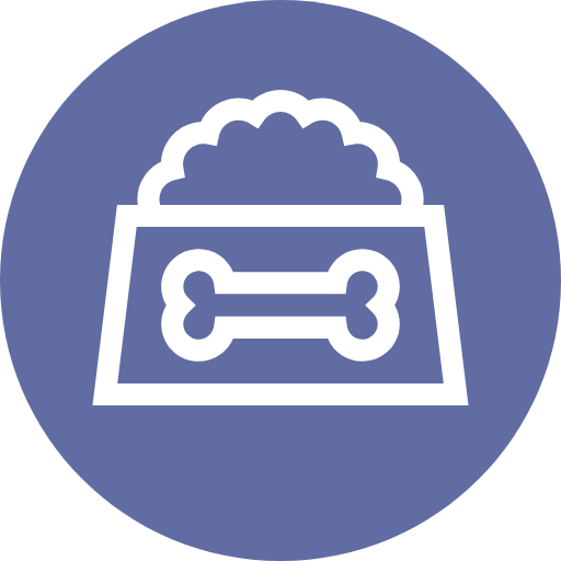 A dog food bowl icon with a bone symbol shown in white on a blue circle background.