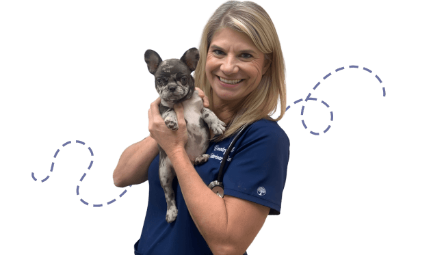 Woman in blue scrubs smiling and holding a small puppy.
