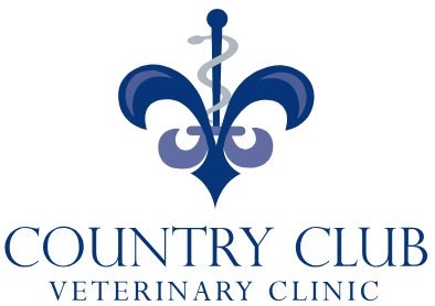 Logo of Country Club Veterinary Clinic featuring a stylized caduceus symbol in blue.