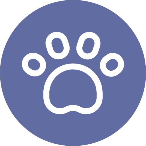 A simple white paw print icon on a dark blue circle.