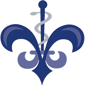 A blue fleur-de-lis symbol incorporating a white caduceus in the center.