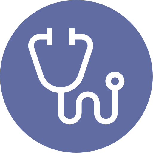 A white stethoscope icon on a blue circle.