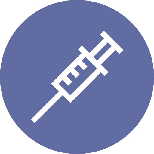 White syringe icon on a blue circular background.