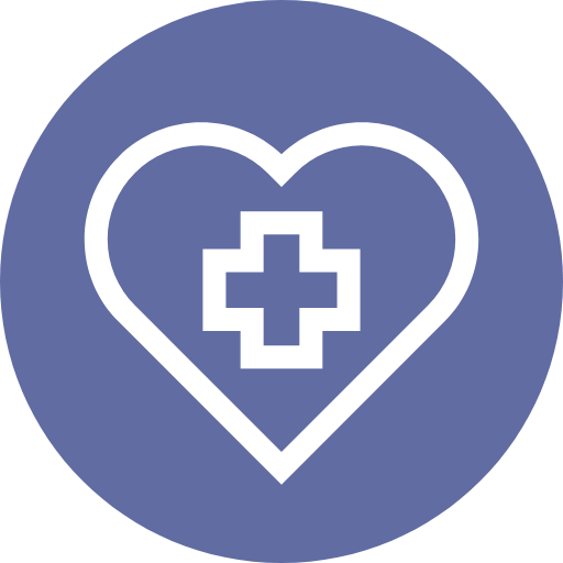 Icon of a white heart with a medical cross inside on a navy blue background.