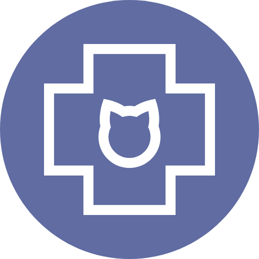 A blue medical cross with a white cat face silhouette in the center.
