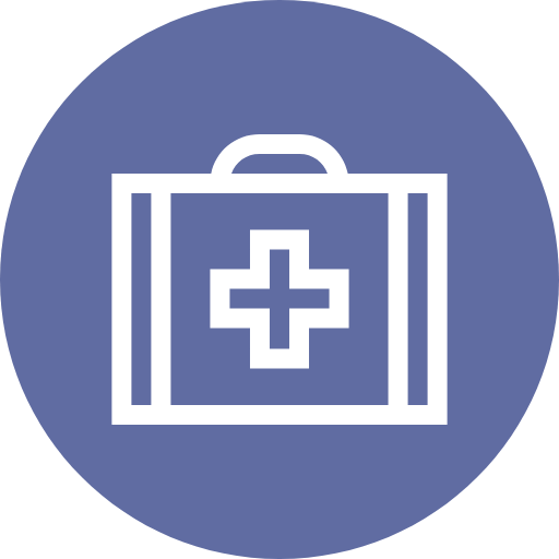 White medical case icon with a cross, enclosed in a blue circle.