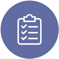 White icon of a clipboard with a checklist, on a blue background.